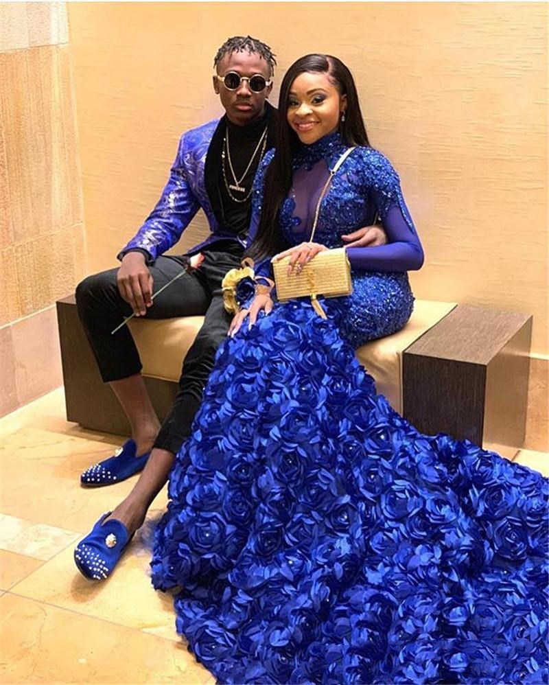Royal Blue Mermaid Evening Dresses Plus Size Long Sleeve Black Girls Rose Flower Appliqued Prom Gowns Beads Special Occasion Dress