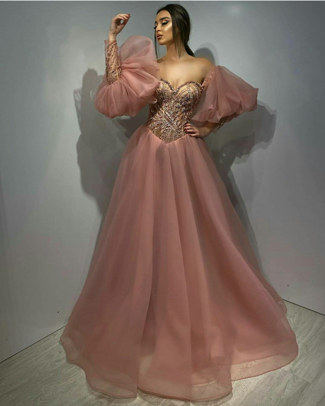 2020 Elegant Prom Dresses Sweetheart Long Sleeve Beaded Crystal Evening Dress A Line Custom Made Special Occasion Gowns