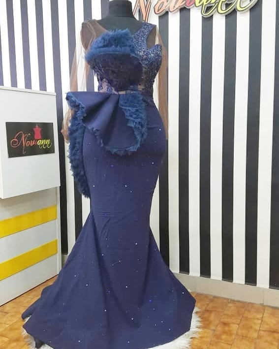 Navy Blue Lace Beaded Mermaid Evening Dress Sexy Formal Party Prom Dresses Long Sleeve
