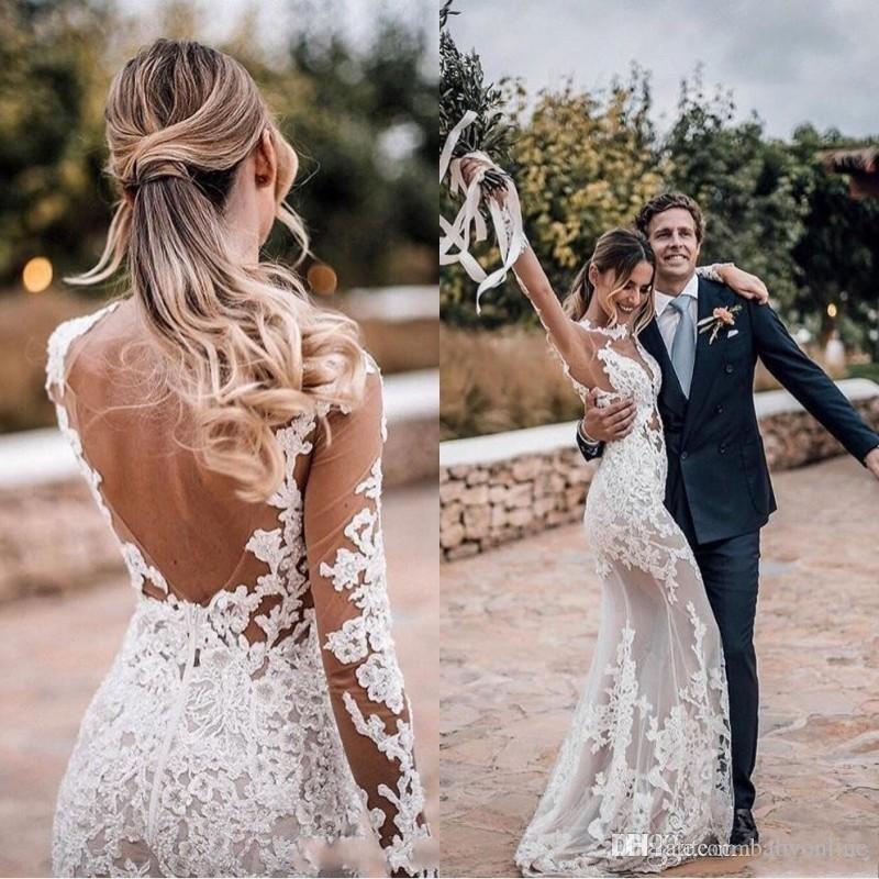 bohemian beach mermaid dresses long sleeves crew neck backless bridal gowns applique lace plus size boho wedding dress