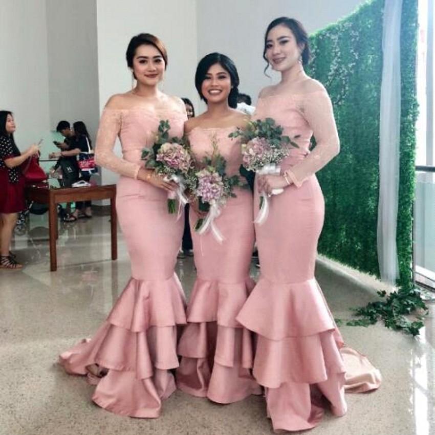 Blush Pink Cheap Mermaid Bridesmaid Dresses Long Sleeve Off Shoulders Lace Applique Plus Size Formal Party Wedding Guest maid of honor dress