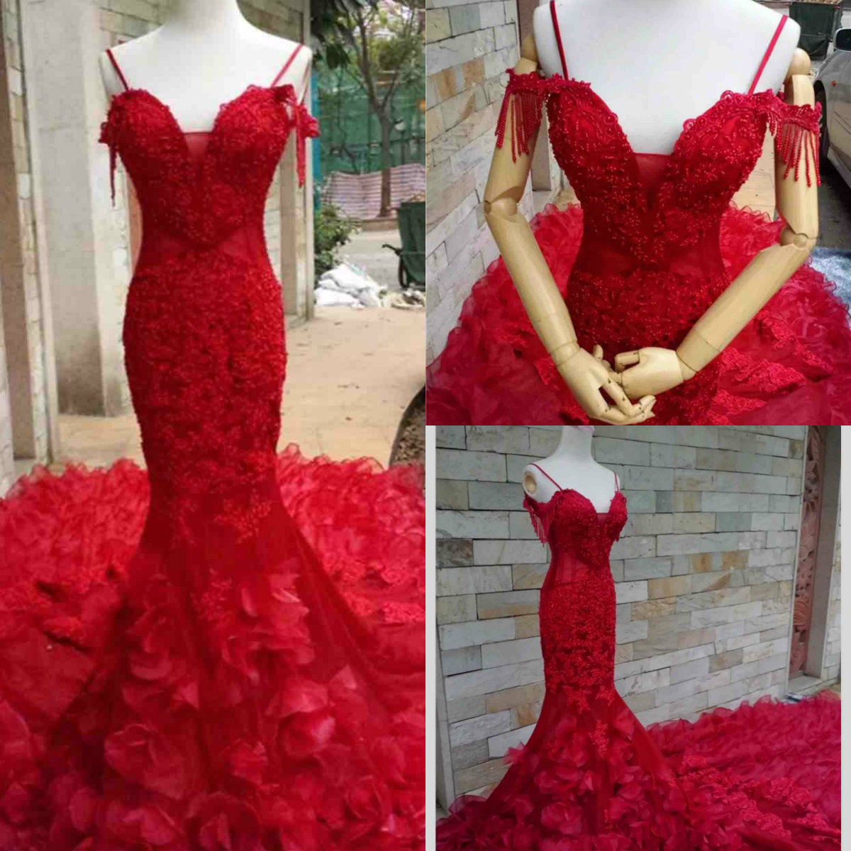 Red Evening Dresses Spaghetti Lace Appliques Pearls Tassel ral wers Gorgeous Prom Dress Custom Made Formal Party Gowns