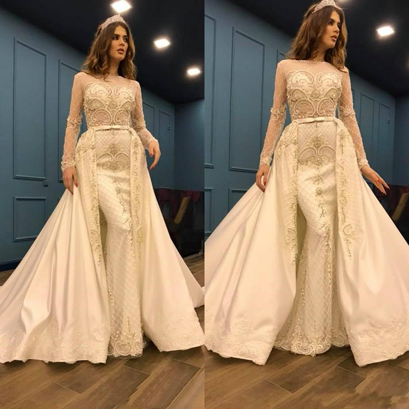 Luxurious Beaded Pearls Mermaid Wedding Dresses With Detachable Train Long Sleeves African Lace Bridal Gowns Wedding Party Vestidos Custom