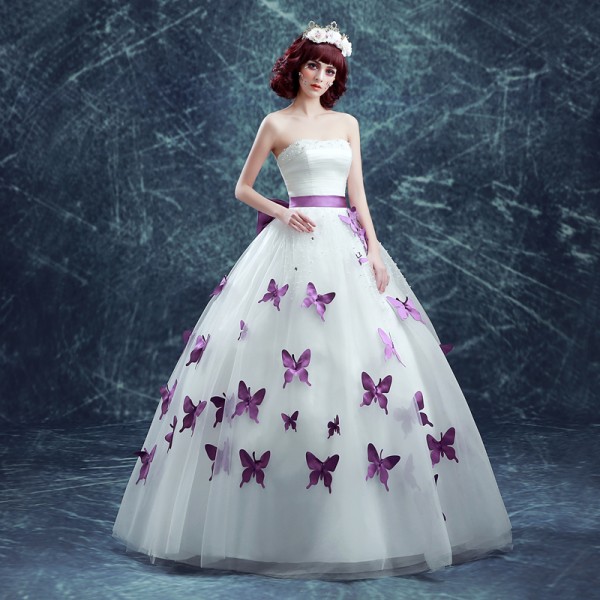 Spring 2020 Beautiful Purple and White Wedding Dresses Strapless Beaded Neckline Lace-up Back Butterfly Shape Appliqued Bridal Gowns Latest