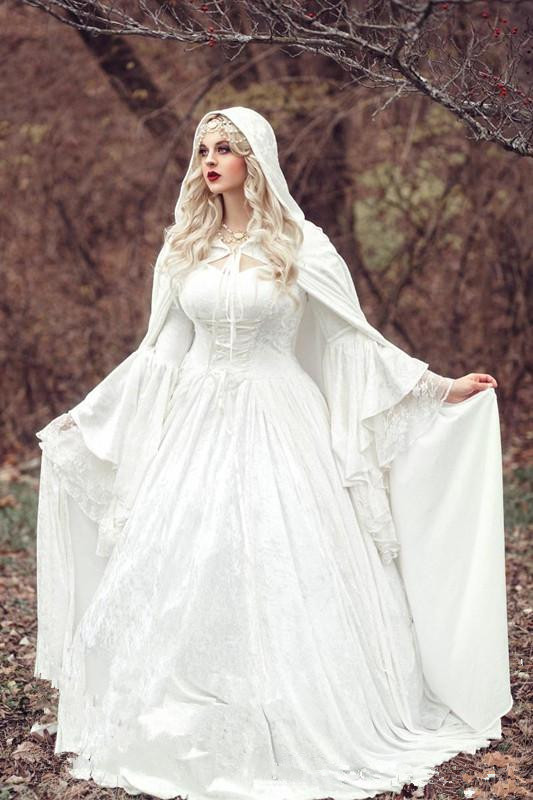 Lace Wedding Gothic Dresses With Cloak Plus Size Vintage Bell Long Sleeve Celtic Medieval Princess Bridal Gown 6660306