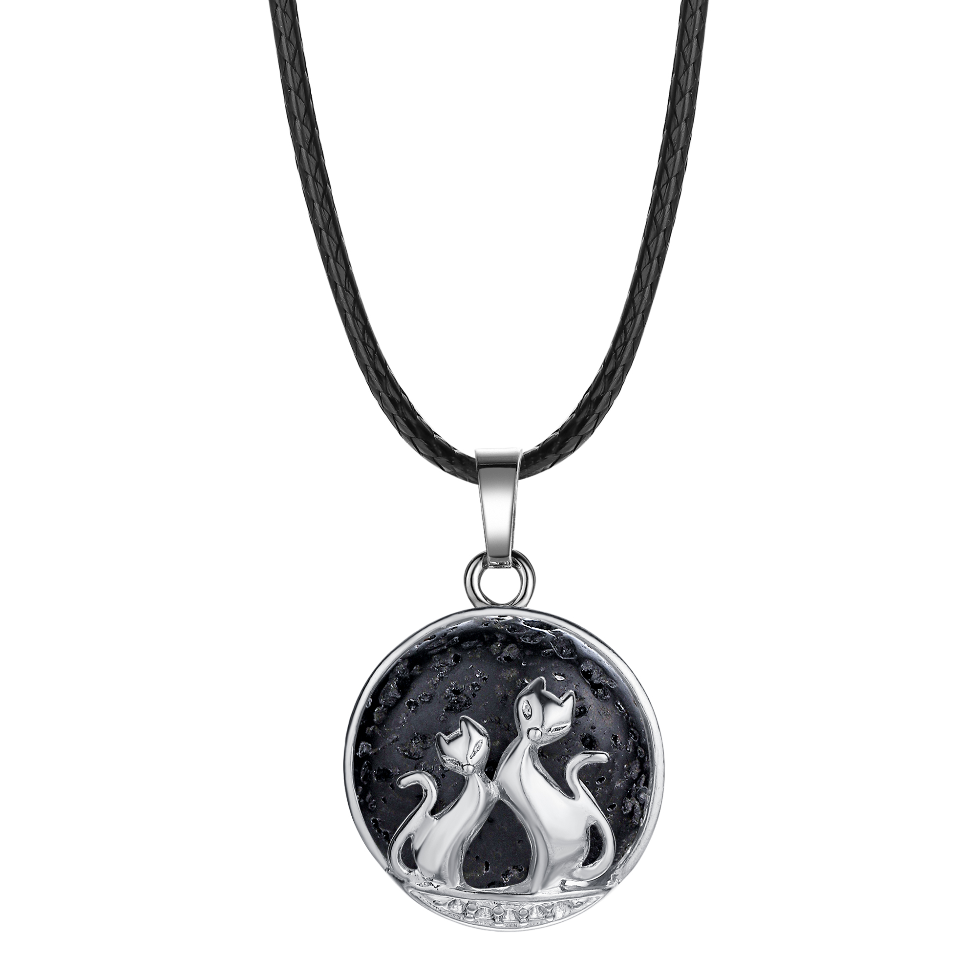qimoshi Moon couple cat pendant men and women stainless steel healing natural stone round necklace 23x34MM12pcs (send leather rope)