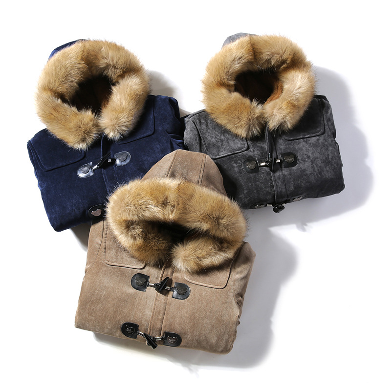 Men's Down Autumn And Winter Fur Collar Horn Buckle Velvet Leather Coat Long Section Slim Thick Warm Youth Cotton Jacket BY261