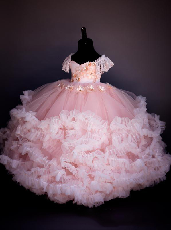 Pink Lace Beaded Flower Girl Dresses Ball Gown Hand Made Flowers Cheap Little Girl Wedding Dresses Vintage Girl Dresses Gowns
