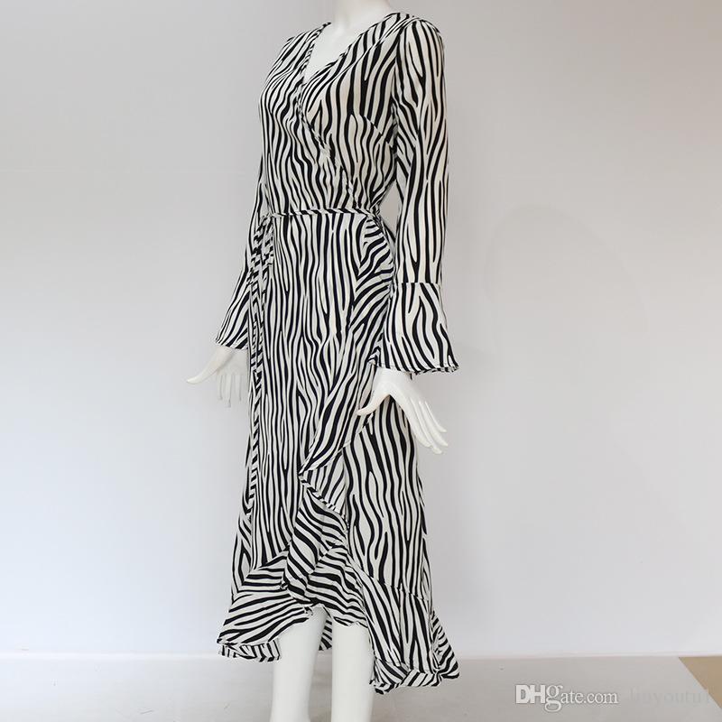Summer Long Dresses 2020 Women Zebra Print Beach Chiffon Dress Casual Long Sleeve V Neck Ruffles Elegant Party Dress