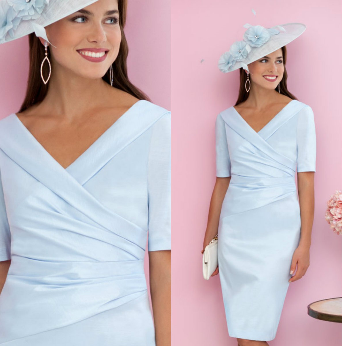 Newest Sheath Ispirato Mother of The Bride Dress V Neck Short Sleeve Ruched Wedding Guest Dresss Knee Length Evening Gown