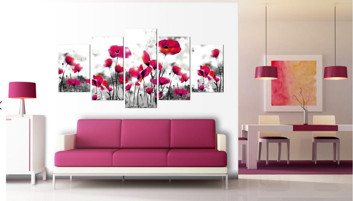 ( No Frame)5PCS/Set Modern Wilderness Poppy Flower Art Print Frameless Canvas Painting Wall Picture Home Decoration