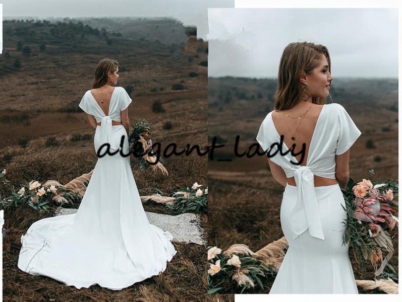 Silk Crepe Boho Wedding Dresses 2021 Modern Jewel Neck Bow With Strap Back Mermaid Country Bride Reception Second Wedding Gown