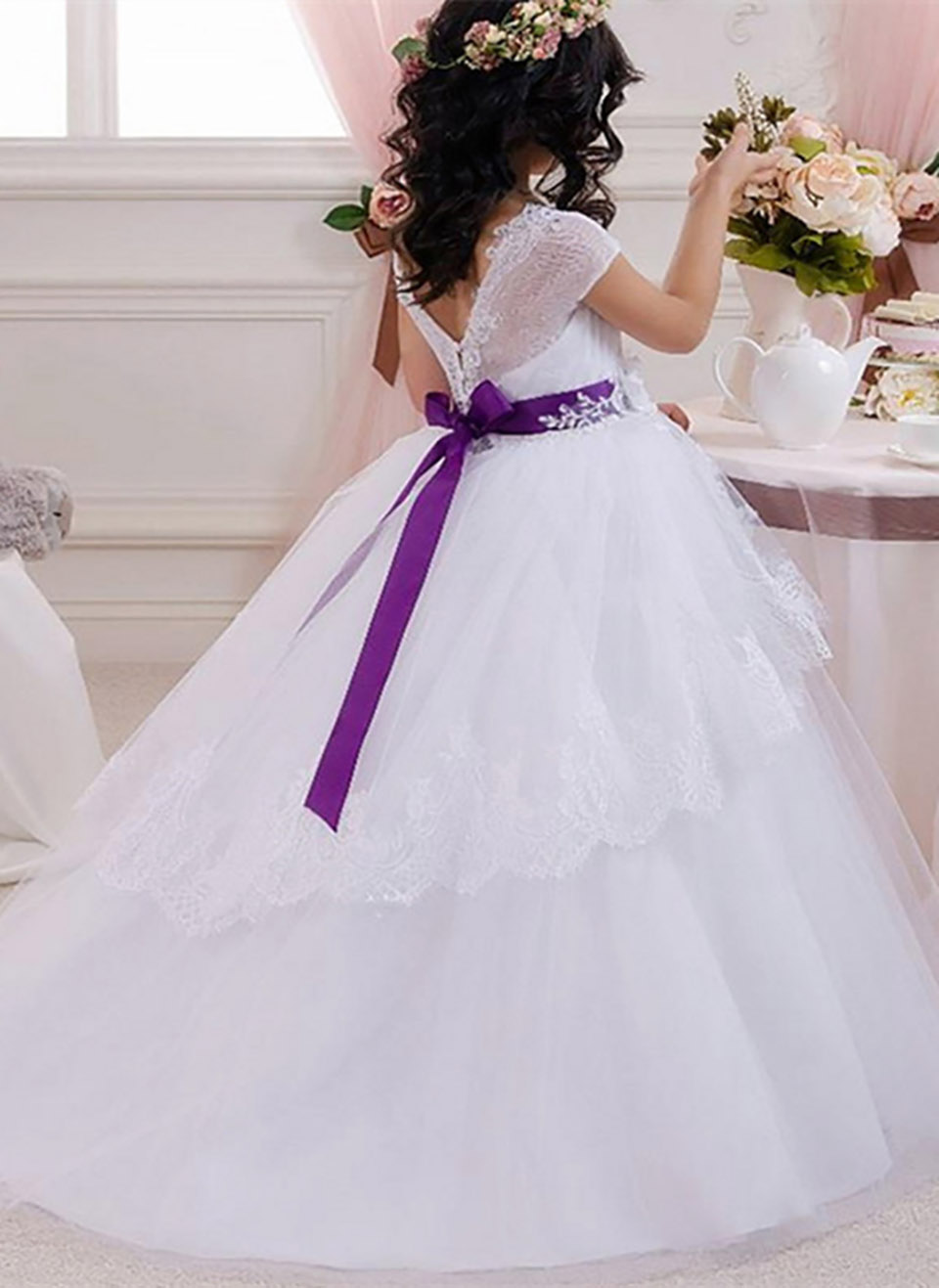 Elegant Flower Girl Dresses Tulle Fluffy Lace Applique Gown For Wedding Pageant Kids First Communion Prom Dresses