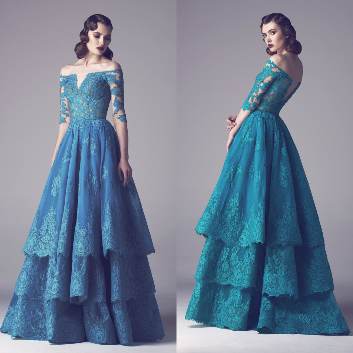2019 Vintage Off Shoulder Prom Dresses Half Sleeves Tiered Lace Appliques Dubai Arabic Evening Dresses Fadwa Baalbaki Designer Party Gowns