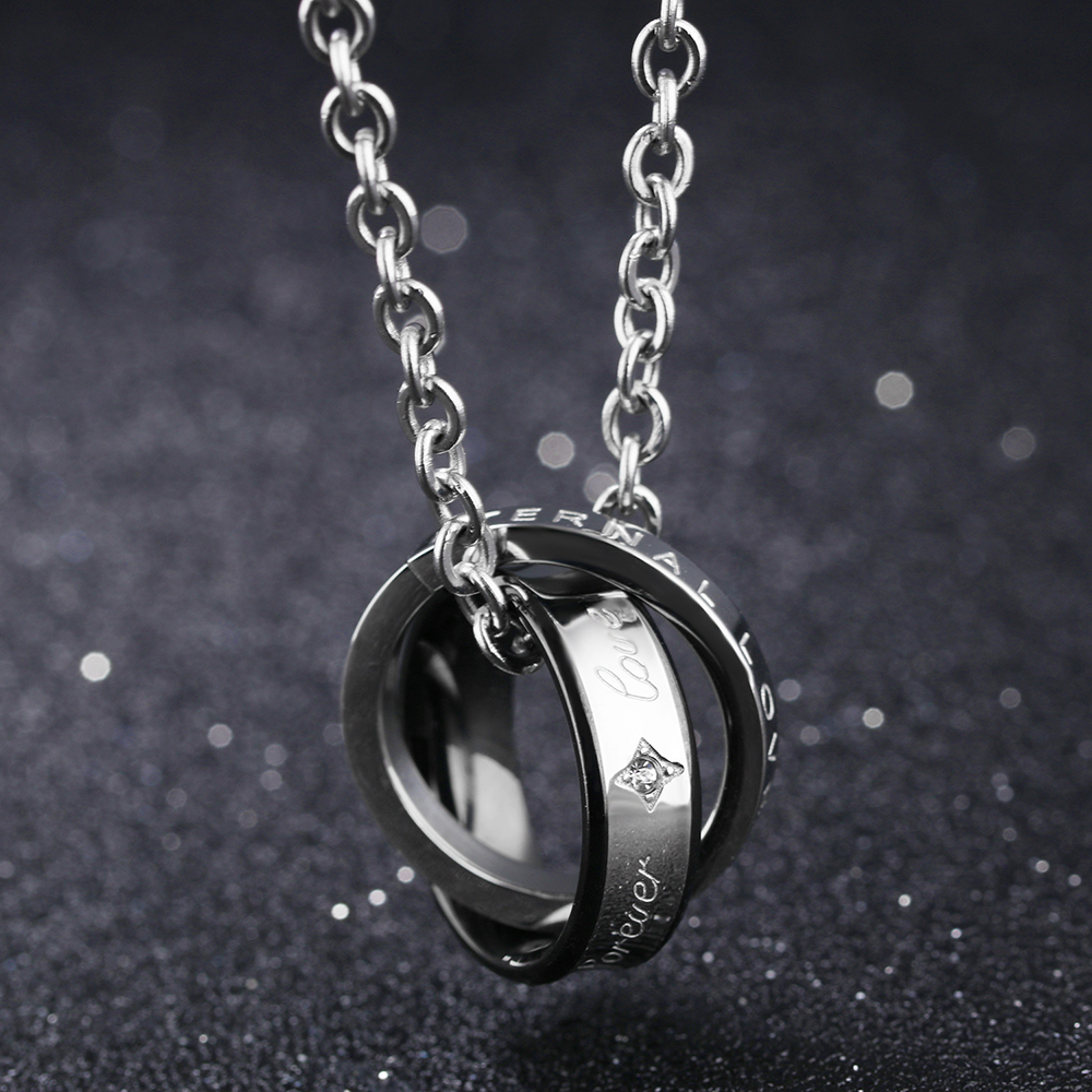 Couple Necklace FOREVER LOVE Lettering Name Double Circle Stainless Steel Pendant Necklaces For Lovers Valentine's Day Gift