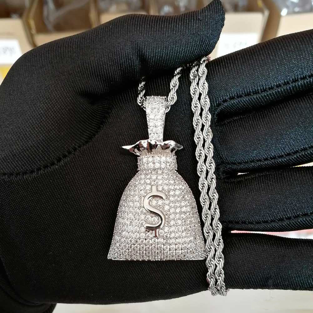 Hot 14K Gold Plated Dollar Sign Money Bags Pendant Necklace Micro Paved Zircon Bling Hip Hop Jewelry Gift