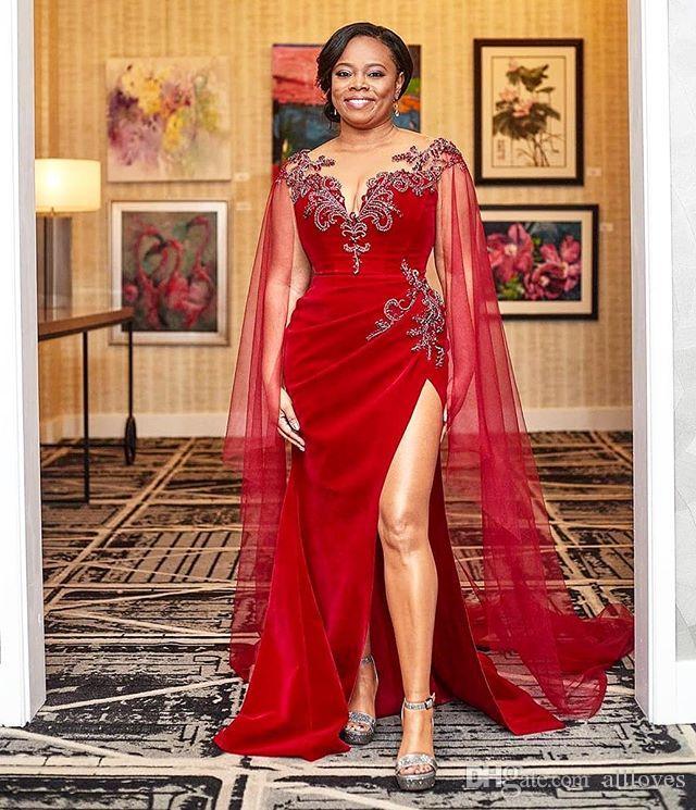 red mermaid african girls evening dresses with long tulle wrap sheer jewel neck lace beaded cap sleeve side split prom gowns