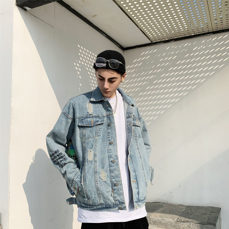 Calm mind Lucky Ghost Little Demon Graffiti Print old Damaged Hole Denim Jacket Men Women Loose Coat T200115