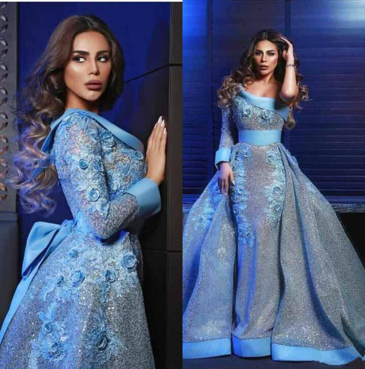 fashion one shoulder prom dresses vestidos de fiesta appliqued lace 3d flowers long sleeve mermaid evening dresses with overskirt