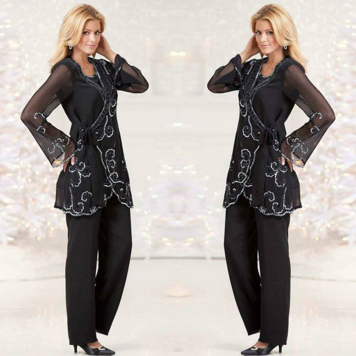Black Chiffon Mother of The Bride Pant Suits With Jacket Jewel Neck Elegant Mothers Dresses Ankle Length Evening Gowns Lace Beads