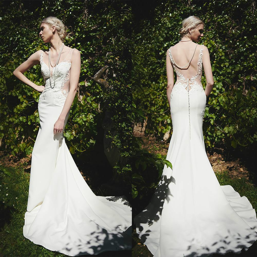 2020 Mermaid Wedding Dresses Sheer V Neck Lace Appliques Bridal Gowns Sweep Train Satin Backless Wedding Dress, Brown
2020 Mermaid Wedding Dresses Sheer V Neck Lace Appliques Bridal Gowns Sweep Train Satin Backless Wedding Dress, Brown