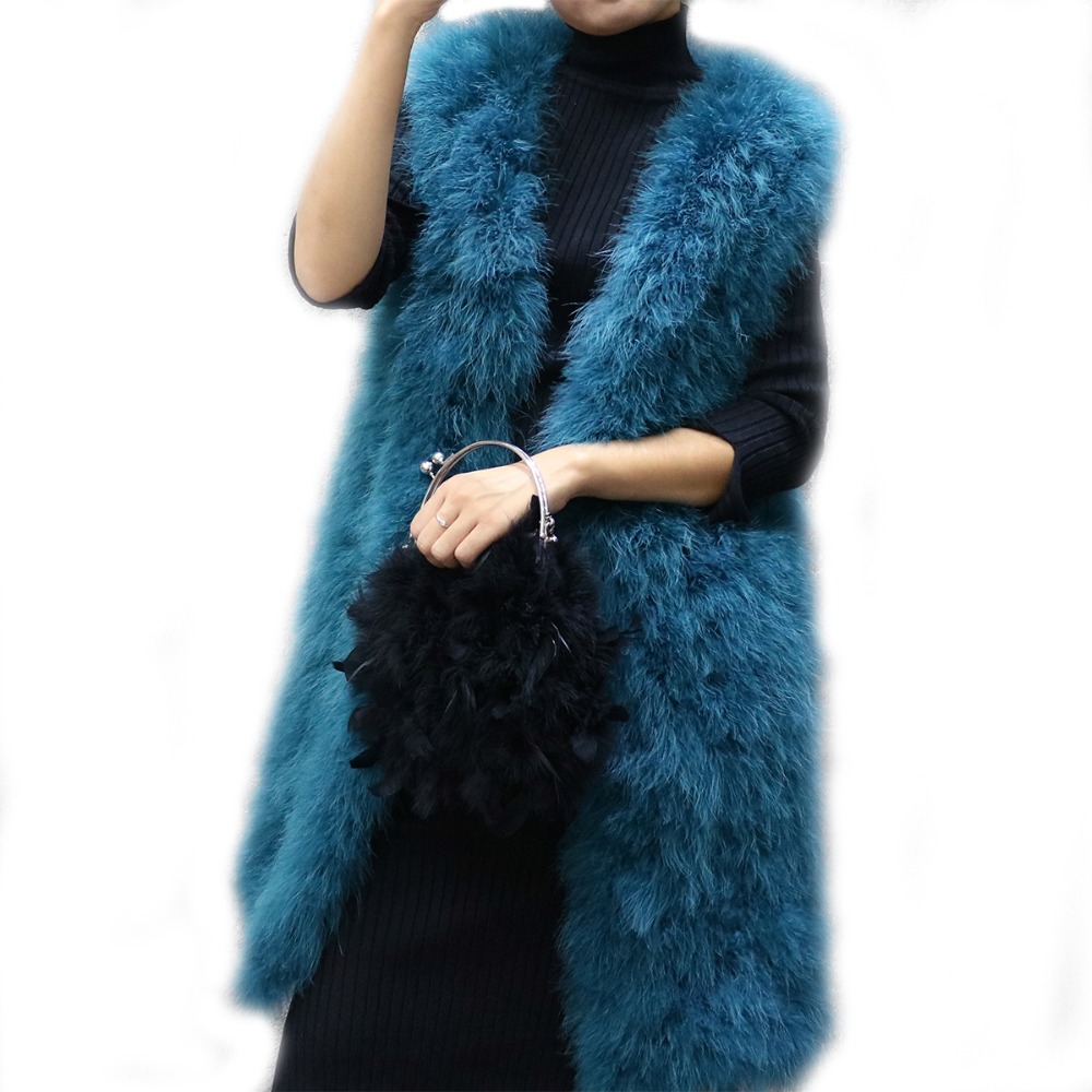 Long turkey feather fur vest autumn and winter women's sleeveless slim solid color V-neck ostrich feather waistcoat female CJ191206