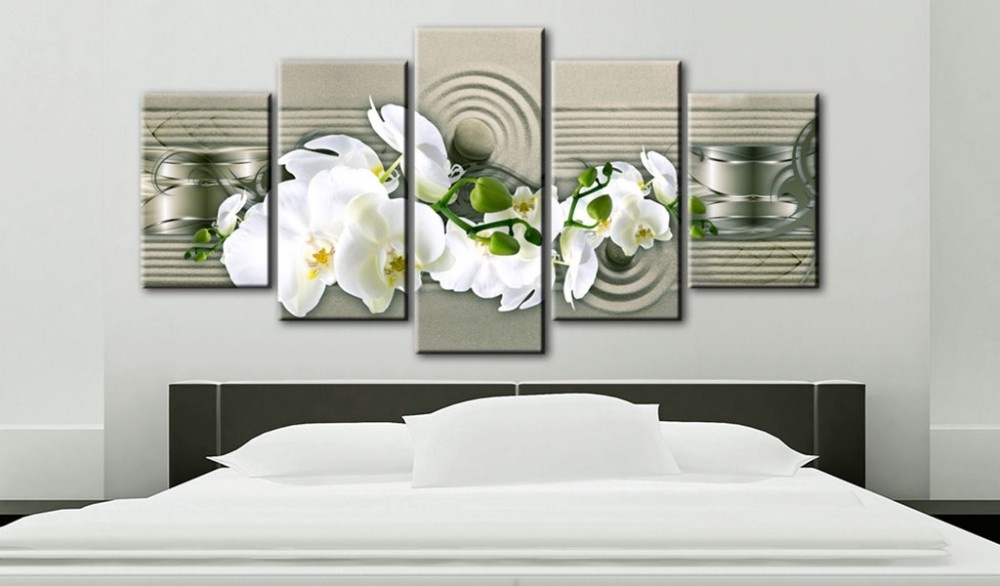 Hd Wall Art Canvas Painting 5 Pieces Zen Orchid Flower Modern Home Decoration,Choose Color(purple,green,red) And Size:3
