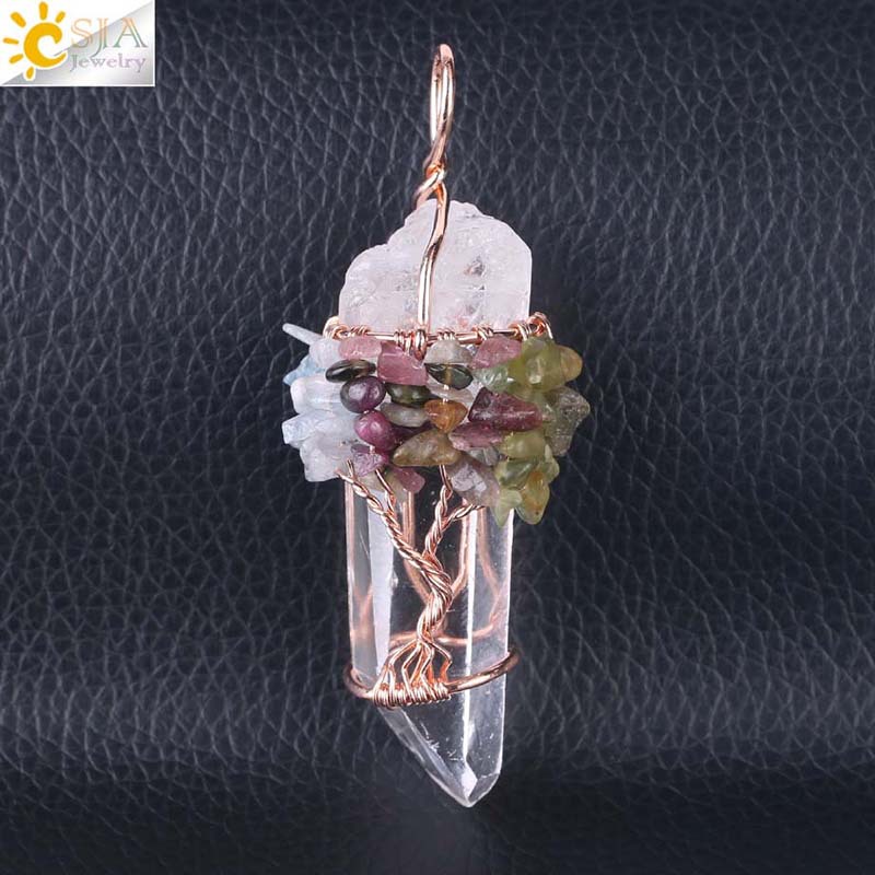 Natural White Crystal Big Pendant Reiki Chakra Tree of Life Rose Gold Color Handmade Wire Wrapped Pendant for Necklace