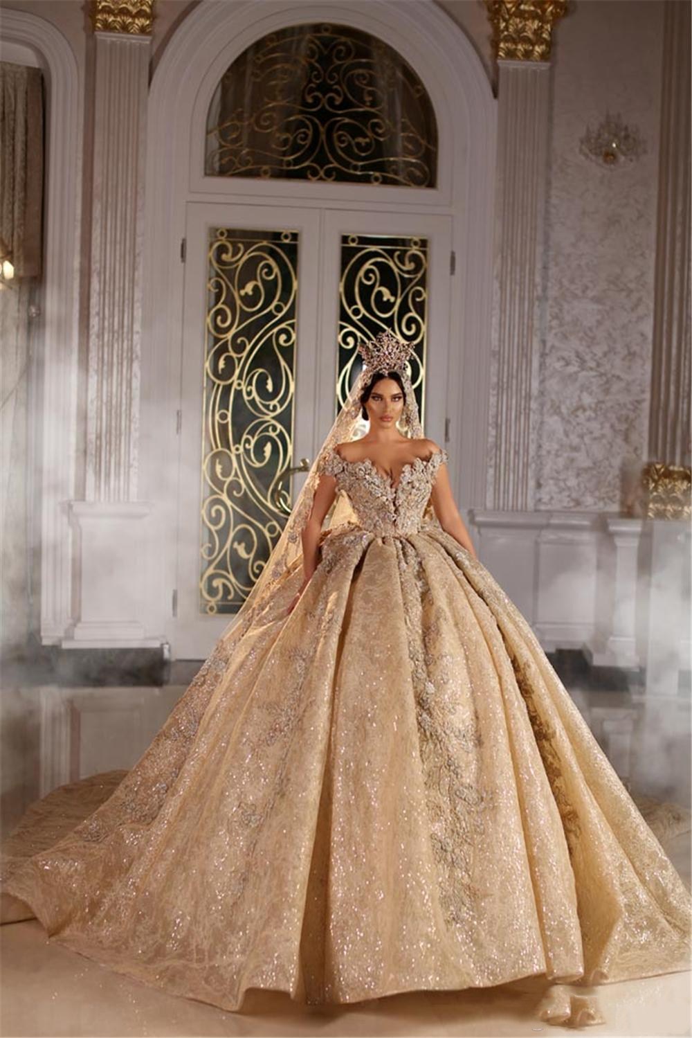 Luxury Dubai Champagne Wedding Dresses Off Shoulder Lace 3D Floral Appliques Ball Gown Empire Wedding Dress Plus Size Robe De Mariee