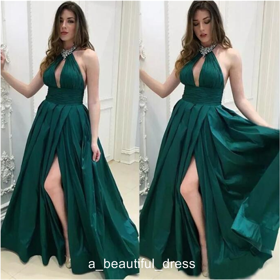 Dark Green Sexy Halter Hollow Out Satin Evening Dresses Sleeveless Side Split Floor Length Prom Gowns Cheap Long Celebrity Wear ED1120