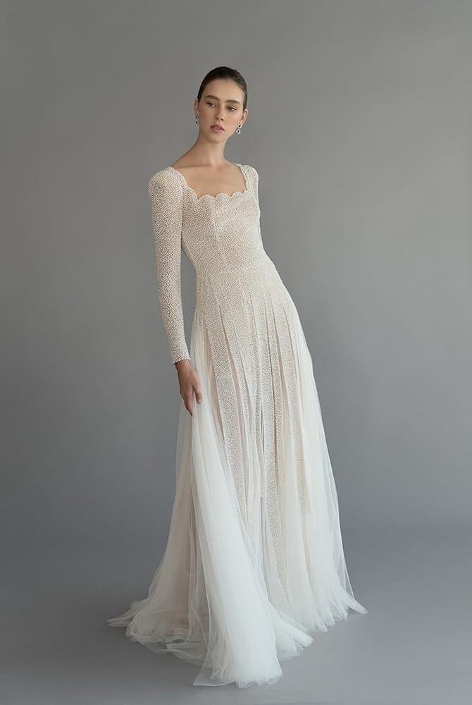 Modest A Line Chana Marelus Wedding Dresses Square Long Sleeve Tulle Beads Wedding Gowns Floor Length robe de mariée