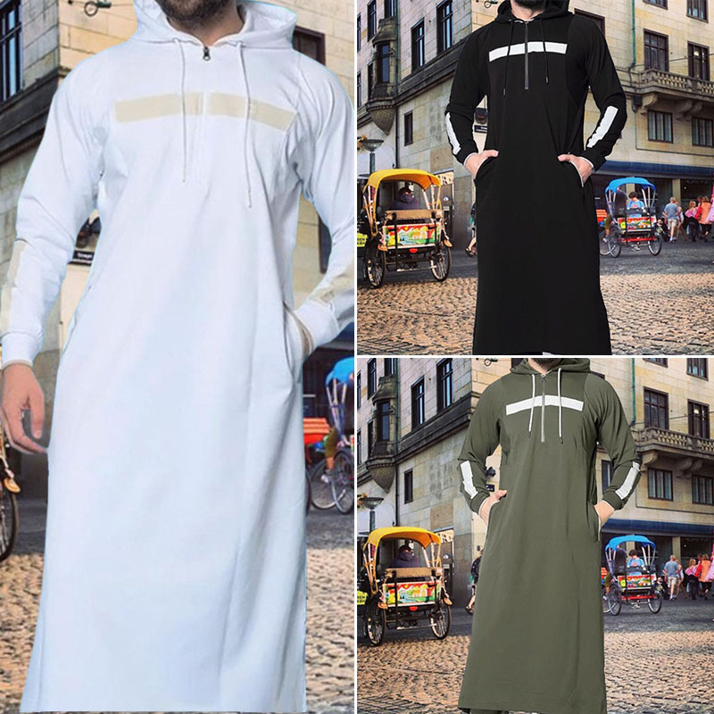 2020 New Men Gown Muslim Arabian Robe Solid Color Full Length Sweatshirt Long-sleeved Hooded Islamic Male Casual Clothing