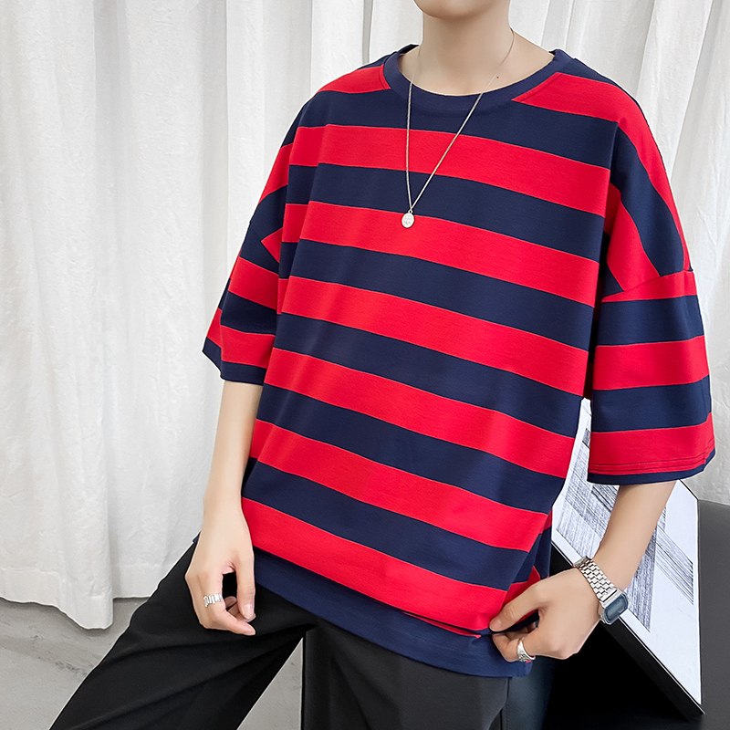 Summer Short-sleeved T Shirt Men's Fashion Casual Cotton Striped T-shirt Men Streetwear Wild Hip Hop Loose Tshirt Mens Tops T200224