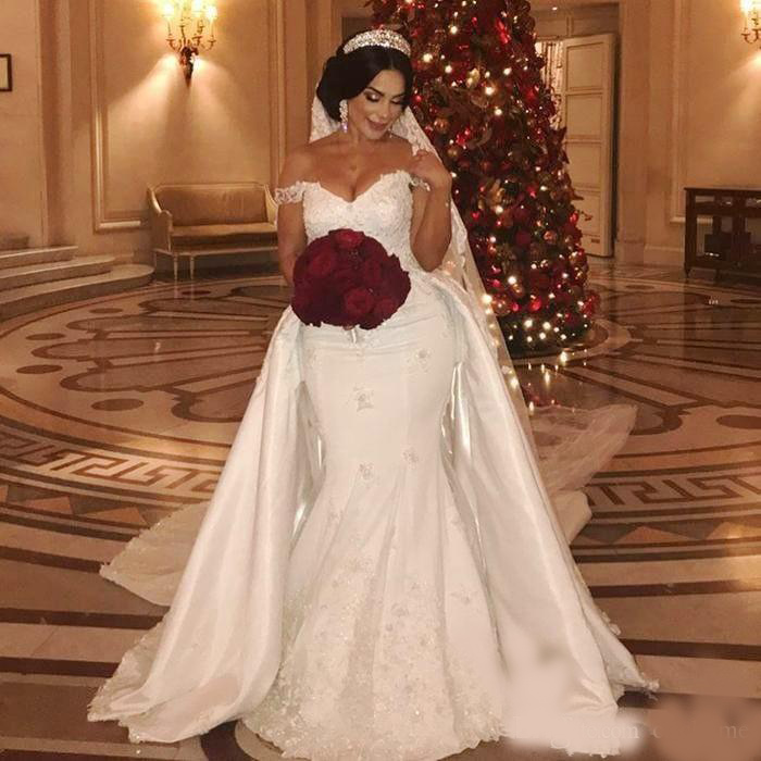 African Overskirts Wedding Dresses Plus Size Lace Appliques Off The Shoulder Mermaid Wedding Dress Beads Sequins Plus Size Bridal gowns