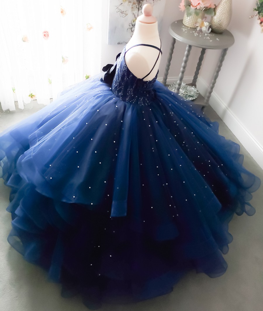Dark Blue Pearls Little Girls Pageant Dresses Appliqued Ball Gown Flower Girl Dress For Wedding Tulle Tiered First Communion Gowns 407