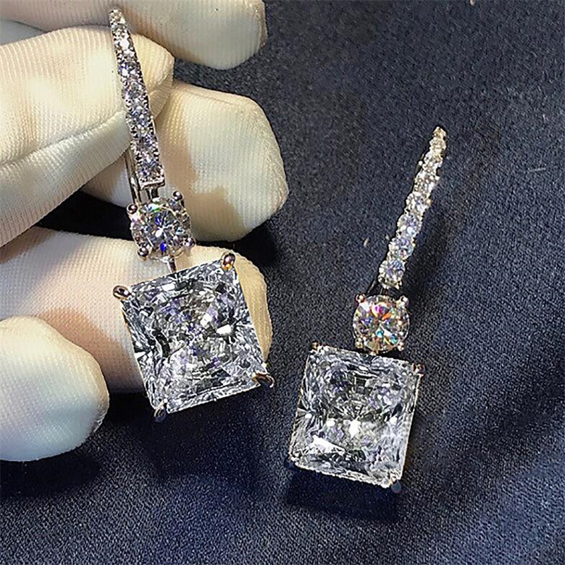 Princess Cut White Topaz Platinum Plated CZ Dia Dangle Sterg Sier Women Bridal Hook Earrings