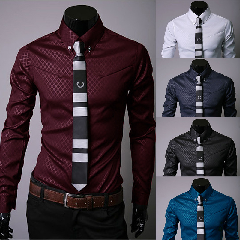 Men's Shirts Diamond Checked Men's Shirt Long Sleeved Shirt Business Affairs Shirt, Black