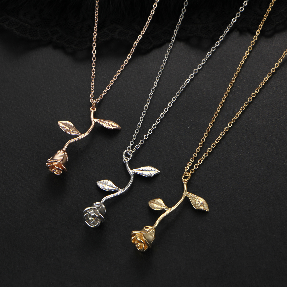 Rose Pendant Necklace Jewelry Sterling Silver Retro 3D Leaf Valentine's Day Women's Birthday Vintage