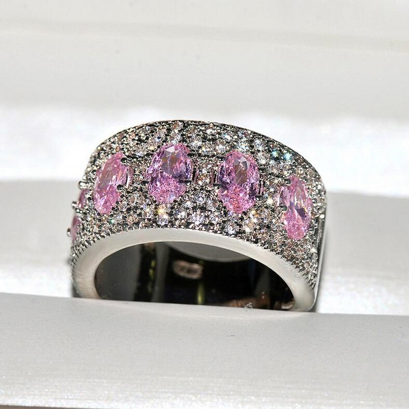 Women'S Fashion Jewelry Sterg Sier Oval Cut Pink Topaz CZ Dia Eternity Women Wedding Engagement Band Ring For Lover Gift