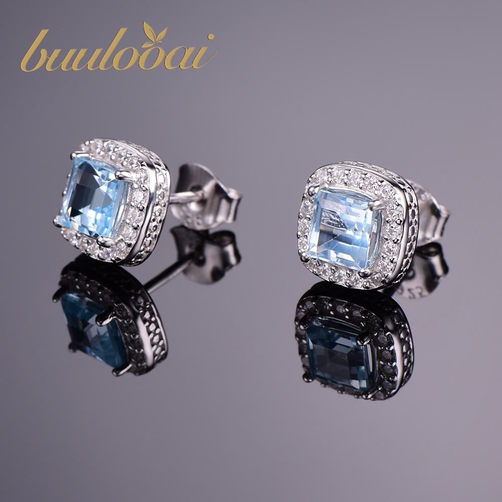 buulooai 1.7ct Natural Blue Topaz Earrings Stud Genuine 925 Sterling Silver Jewelry New Women Jewelry Outstanding Fine Jewelry Y18110503