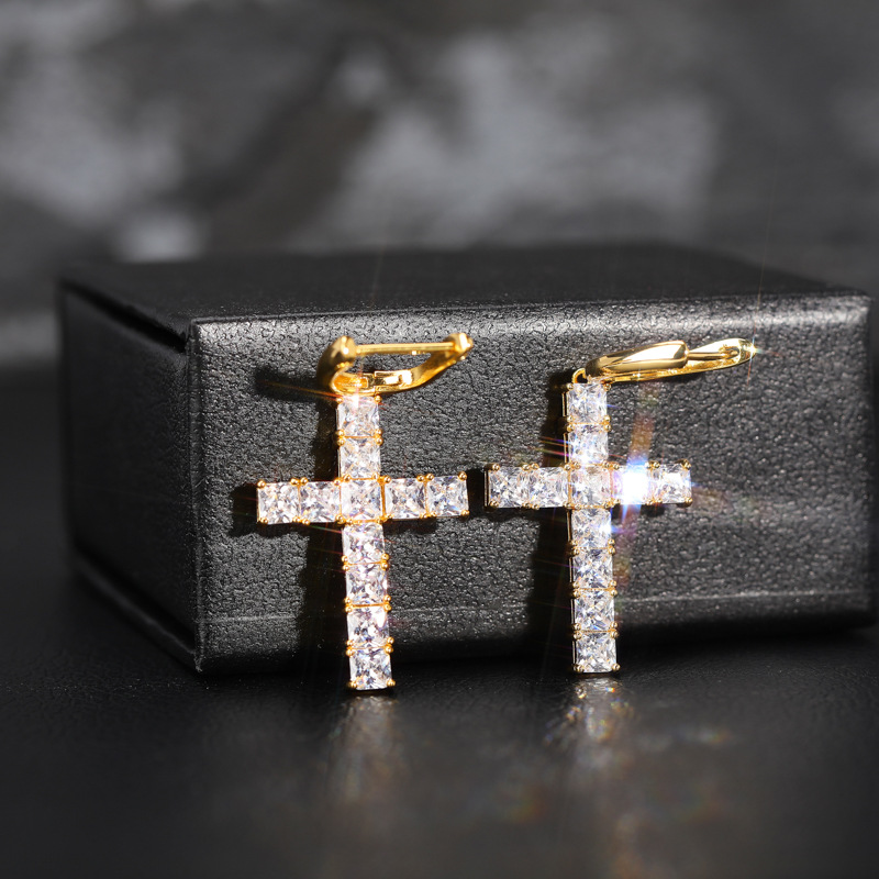 Hip Hop Shining Charm Cross Stud Earrings New Style Colorful Bling Zircon Dangle Earrings Platinum Plated Wholesale