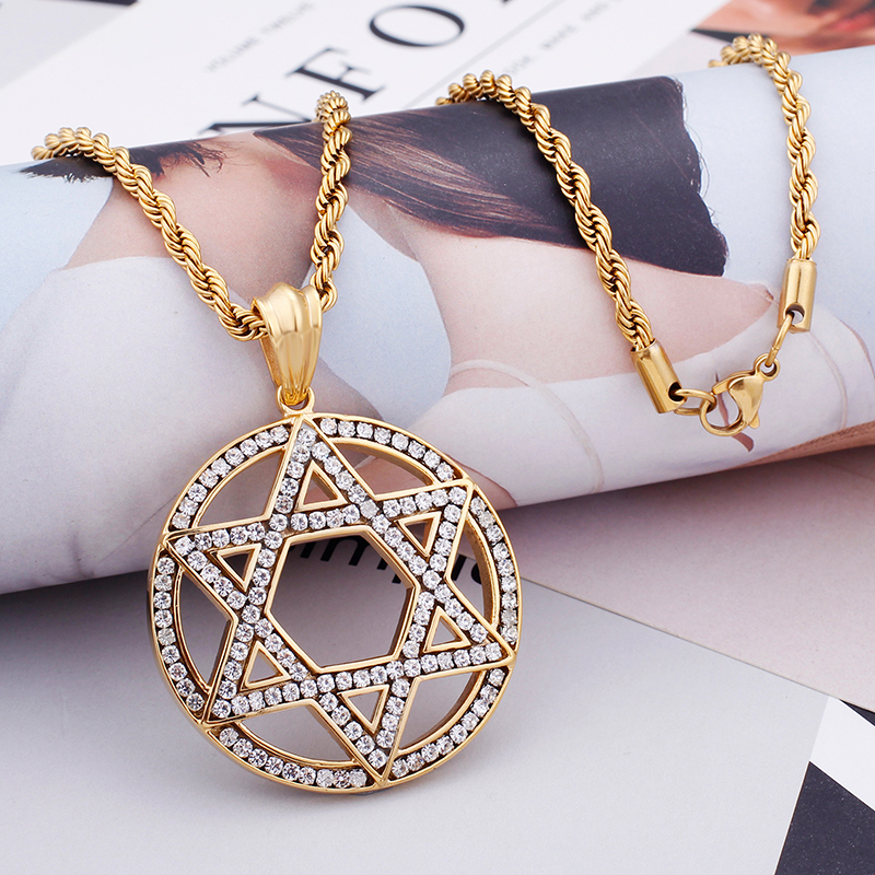 Men's Hip Hop Six-star Pendants Necklace 316L Stainless Steel Full Cubic Zirconia Setting 18K Gold Plated Jewelry