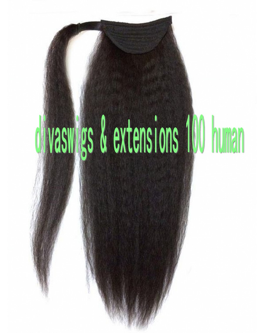 Kinky Straight Ponytail Extension for Women Human Hair Wrap Around Magic Paste Yaki Ponytail Corn Wave Clip in Hairpiece Black Remy Hair