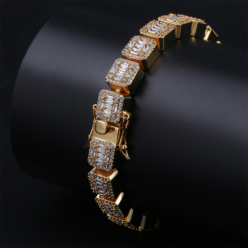 10mm 18K Gold Cluster Tennis Chain Bracelet Bling Square CZ Cubic Zirconia Hip Hop Full Iced Out Diamond Rapper Wristband Pulseira Bijoux Jewelry Gift