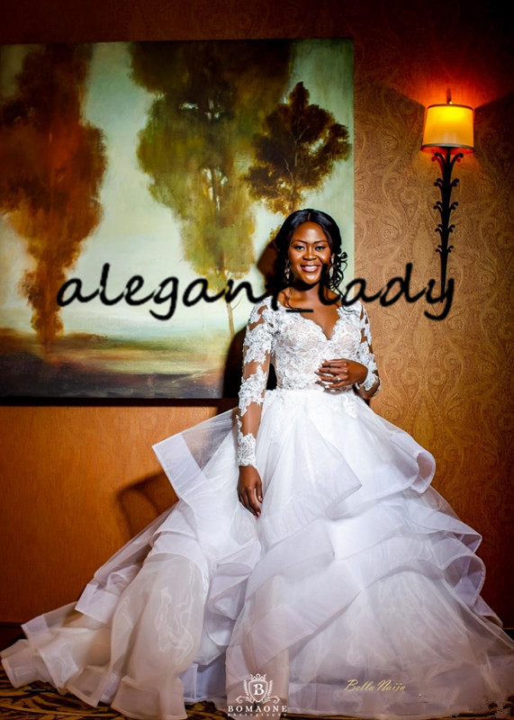Plus Size Long Sleeve Wedding Dresses 2020 Modern V-neck Lace Applique Puffy Tiered Skirt Princess African Church Wedding Gown