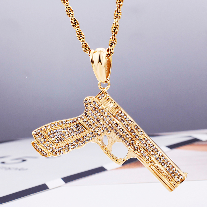 Hip Hop Full Rhinestone Inlay Pendants Necklace Cool Men Fashion 316L Stainless Steel 18K Gold Plated Jewelry