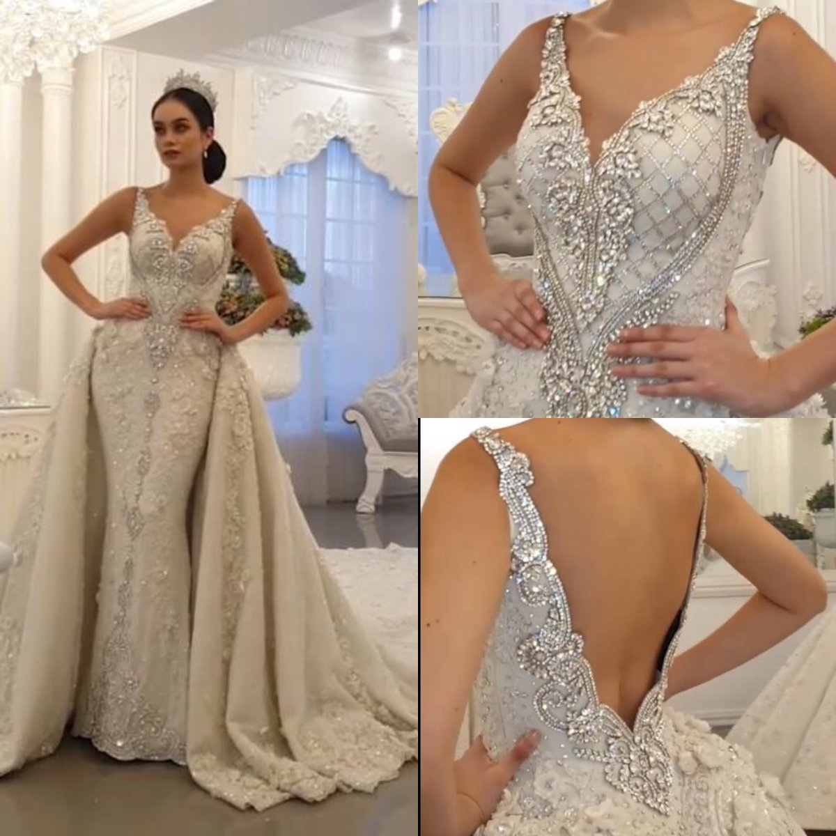 Rhinestones Overskirt Mermaid Wedding Dresses Court Train 3D Floral Appliqued Beads Crystal Wedding Dress Detachable Train Robes De Mariée