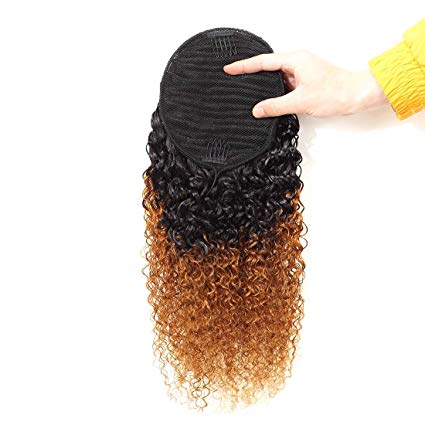 1B/30 Ombre Curly Wave Human Hair Ponytail Drawstring, 3C Remy Brazilian Virgin Hair Pony Tail, Afro Kinky Curly Hair piece clip in