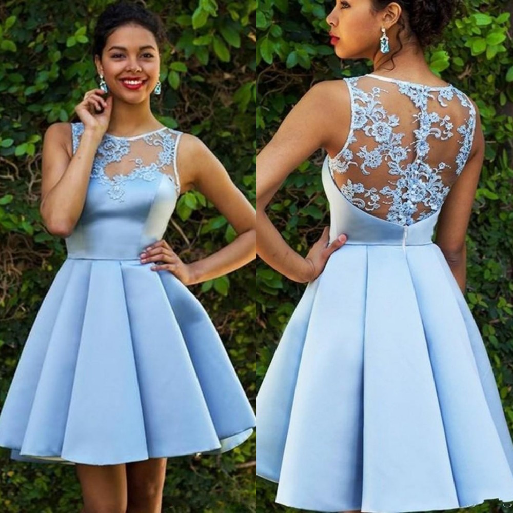 2020 New Short Sky Blue Cocktail Dresses Ball Gown Jewel Neck Lace Appliques Satin Illusion Ruffles Summer Party Gowns Homecoming Prom Dress, Lilac
2020 New Short Sky Blue Cocktail Dresses Ball Gown Jewel Neck Lace Appliques Satin Illusion Ruffles Summer Party Gowns Homecoming Prom Dress, Lilac