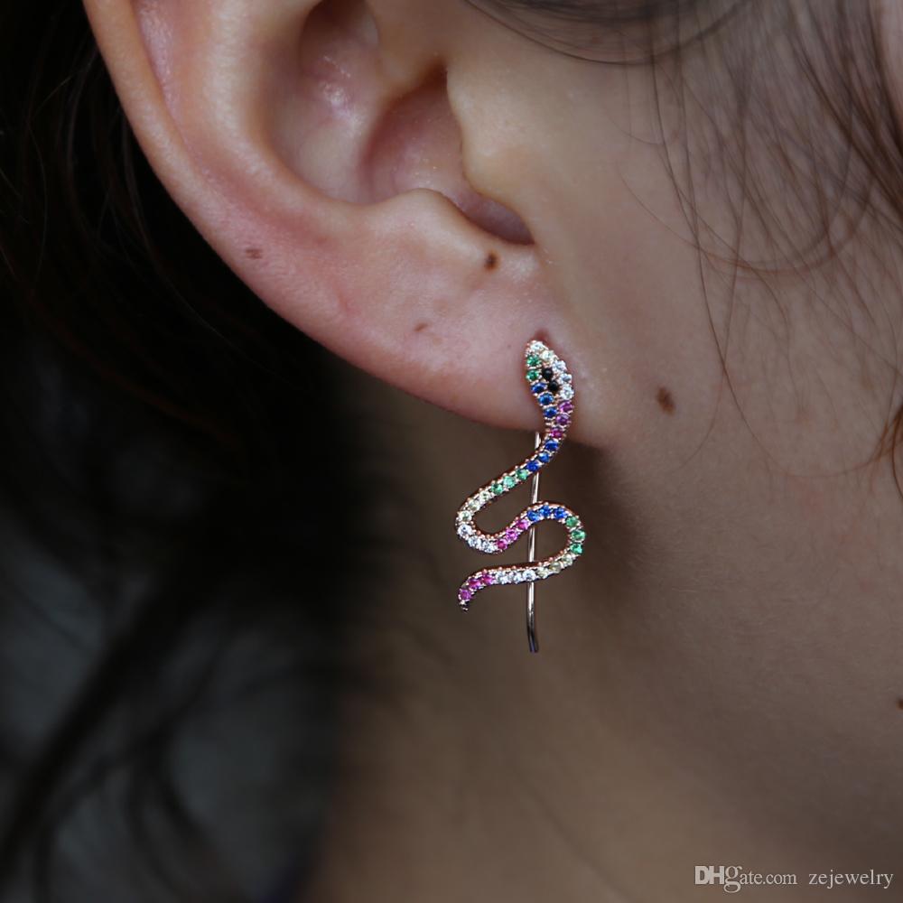 2018 New european jewelry earring for lady girl colorful micro pave cubic zirconia rainbow ear climber snake shaped fashion CZ earrings